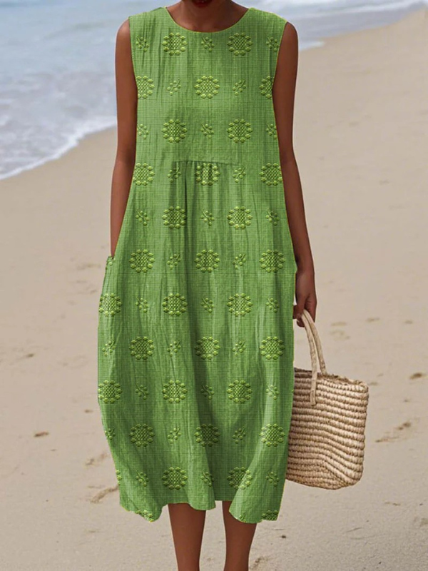 Women's Printed Midi Dress Sleeveless Round Neck – Coastal Getaway