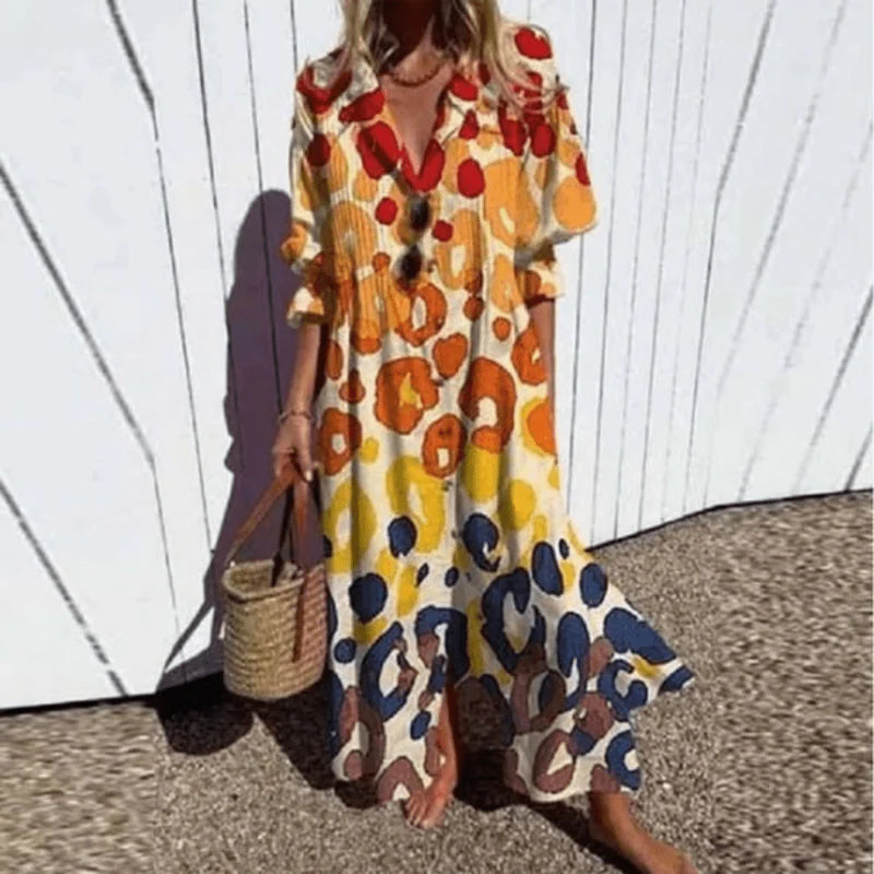 Women's Printed Summer Maxi Dress Button Front Collared Neck – Beach Vacation