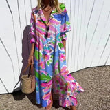 Women's Printed Summer Maxi Dress Button Front Collared Neck – Beach Vacation