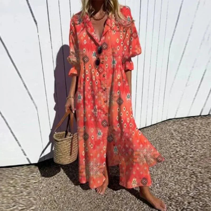 Women's Printed Summer Maxi Dress Button Front Collared Neck – Beach Vacation