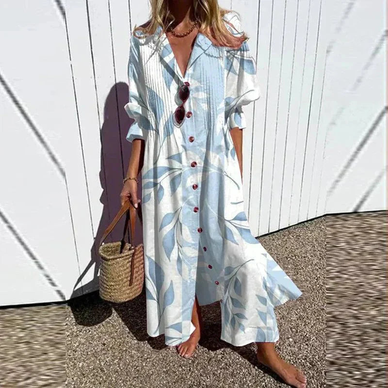 Women's Printed Summer Maxi Dress Button Front Collared Neck – Beach Vacation