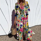 Women's Printed Summer Maxi Dress Button Front Collared Neck – Beach Vacation