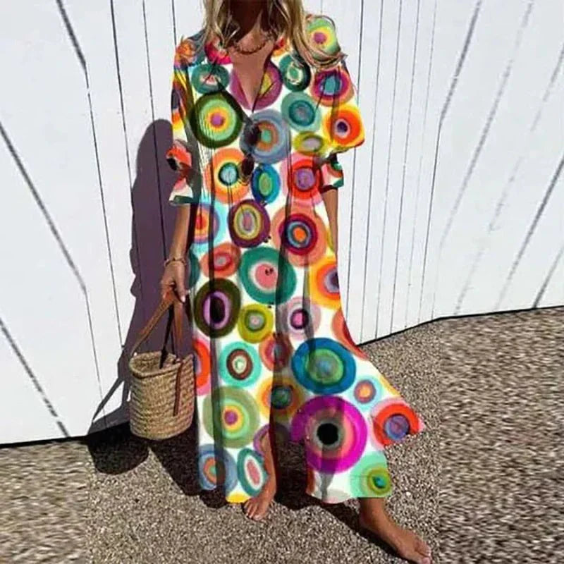 Women's Printed Summer Maxi Dress Button Front Collared Neck – Beach Vacation