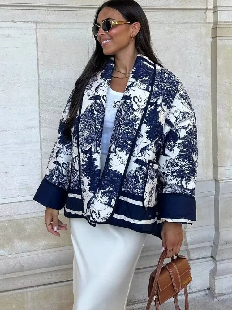 Women's Printed Utility Jacket Open Front Shawl Collar Long Sleeve – Going Out