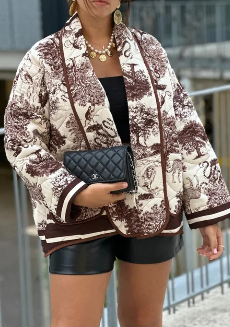 Women's Printed Utility Jacket Open Front Shawl Collar Long Sleeve – Going Out