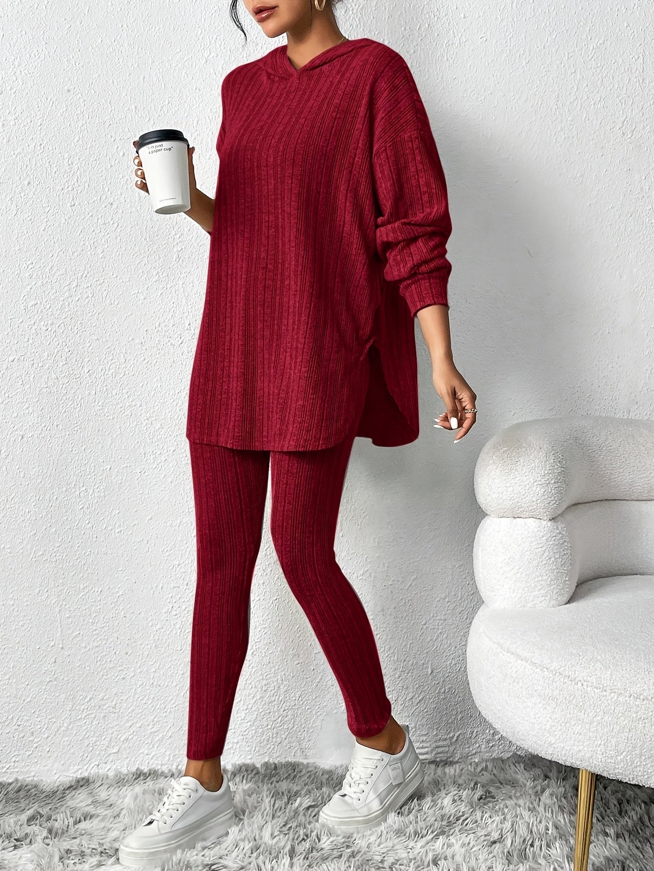 Women's Ribbed 2 Piece Lounge Set Hoodie Longline Leggings – Relaxed Home Wear