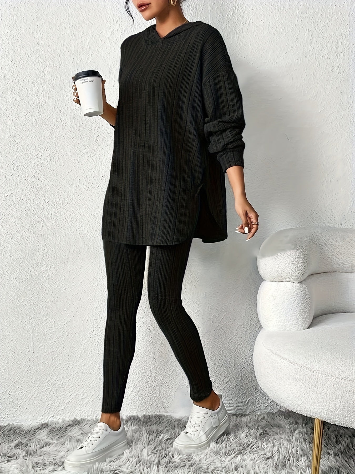 Women's Ribbed 2 Piece Lounge Set Hoodie Longline Leggings – Relaxed Home Wear