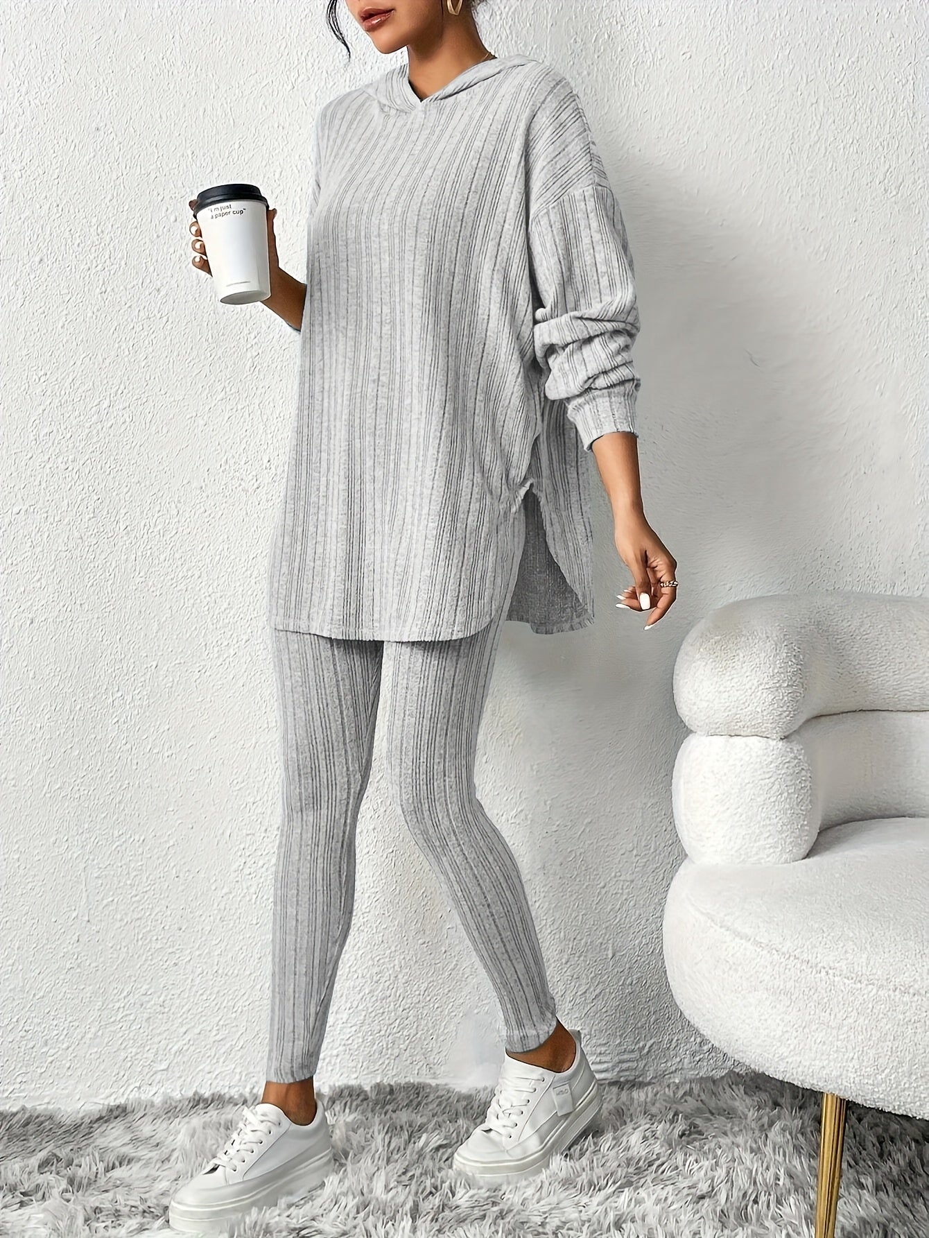 Women's Ribbed 2 Piece Lounge Set Hoodie Longline Leggings – Relaxed Home Wear
