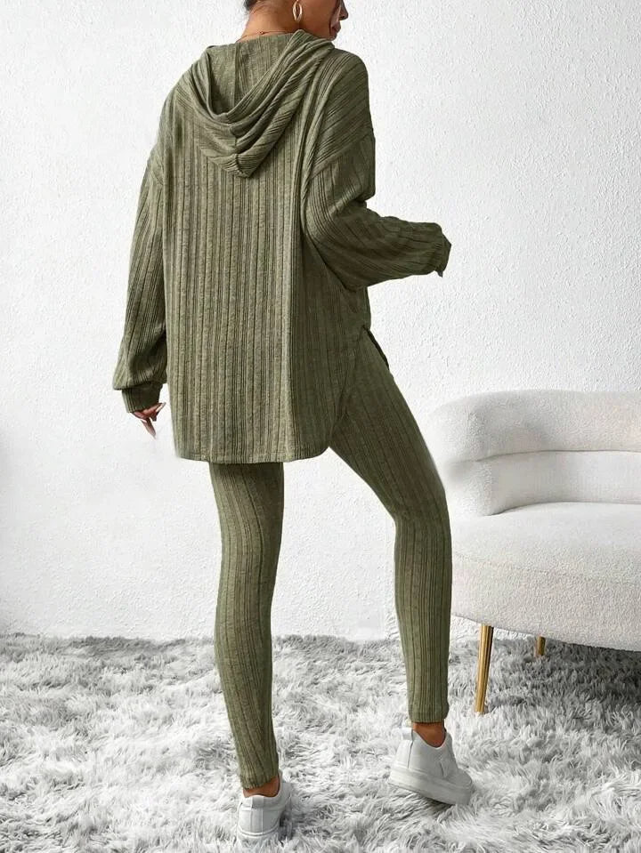 Women's Ribbed 2 Piece Lounge Set Hoodie Longline Leggings – Relaxed Home Wear