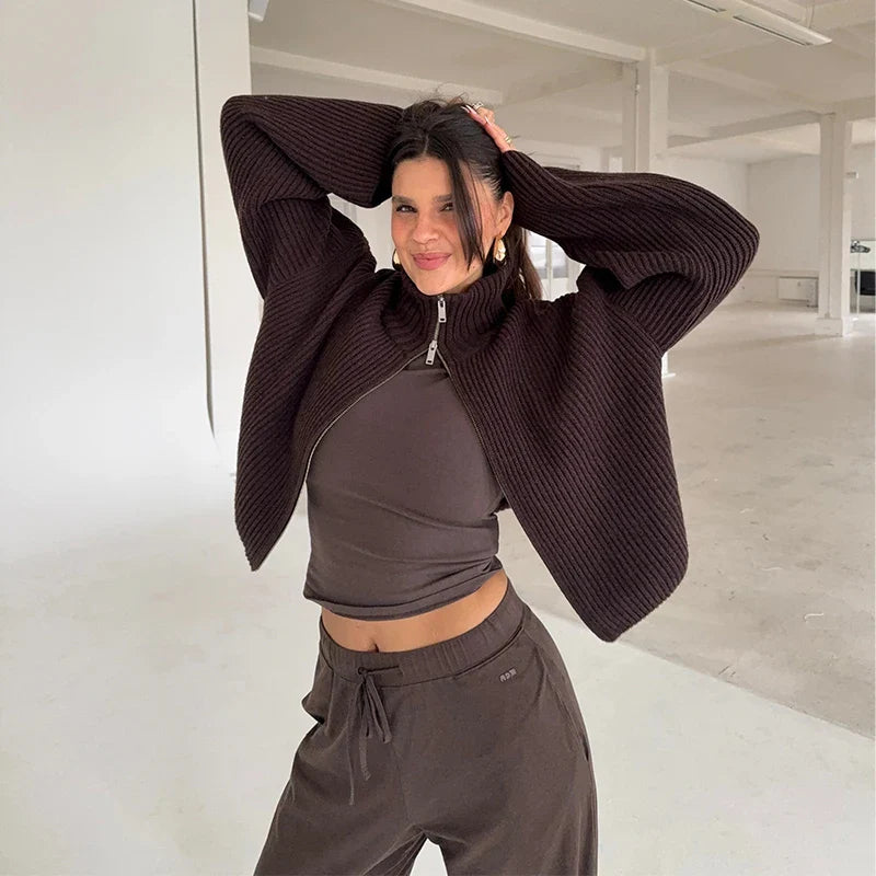 Women's Ribbed Cardigan Full Zip High Collar Flare Sleeve - Casual
