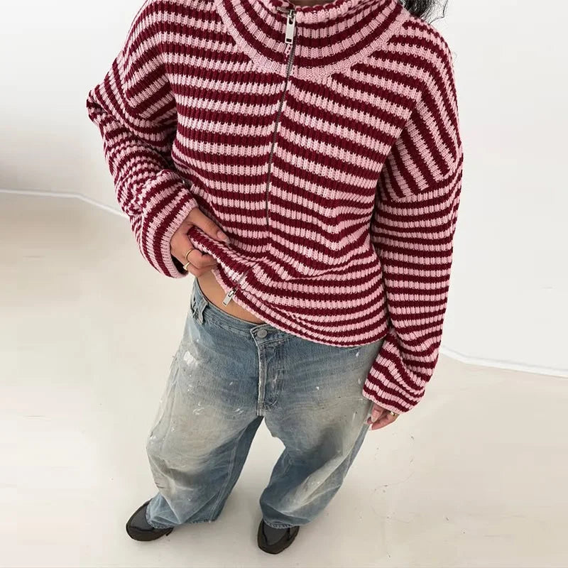 Women's Ribbed Cardigan Full Zip High Collar Flare Sleeve - Casual