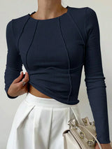 Women's Ribbed Knit Top Long Sleeve Crew Neck Seam Detail – Everyday Basic Style