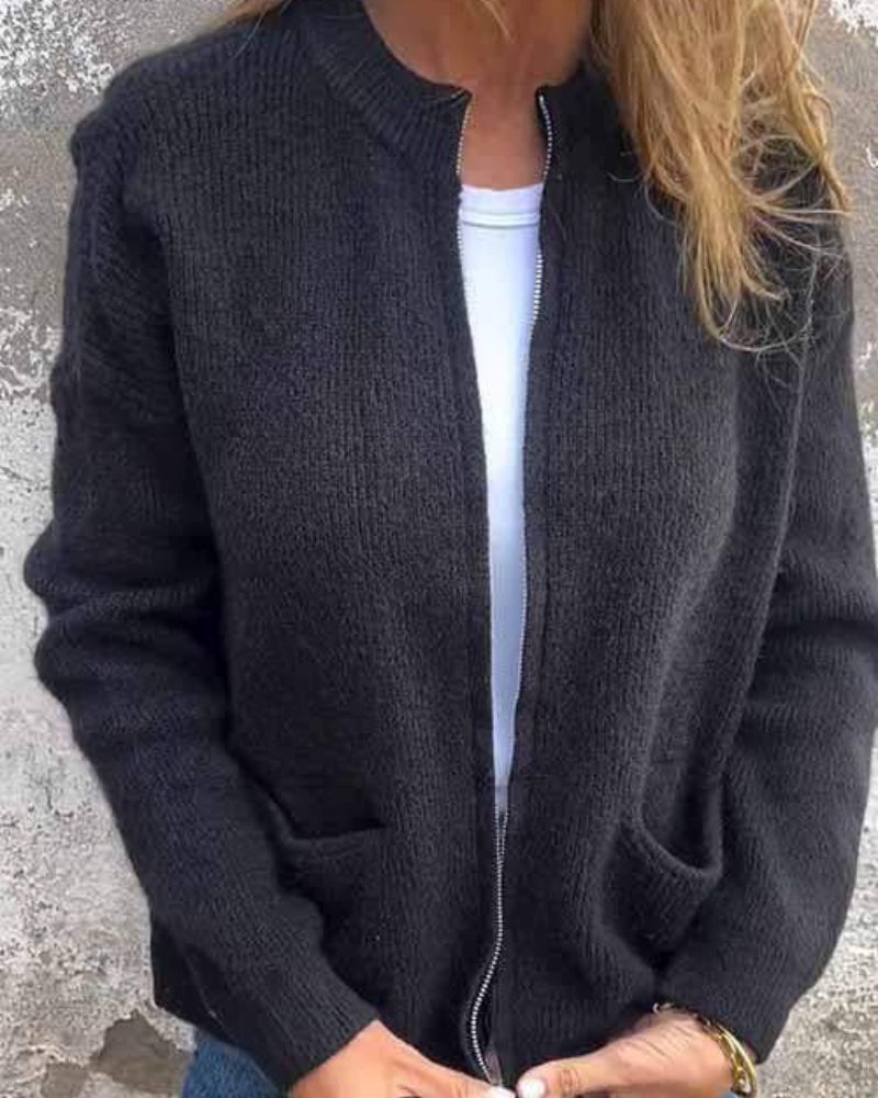 Women's Ribbed Knit Zip Up Cardigan Long Sleeve Pocket - Smart Casual