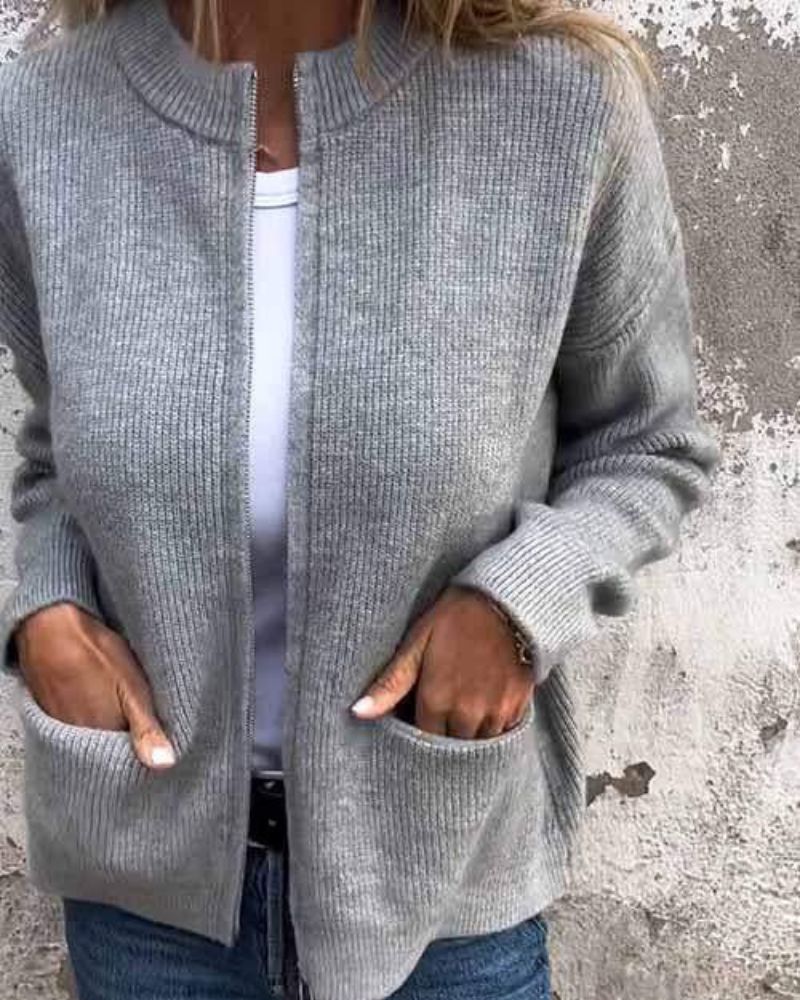 Women's Ribbed Knit Zip Up Cardigan Long Sleeve Pocket - Smart Casual