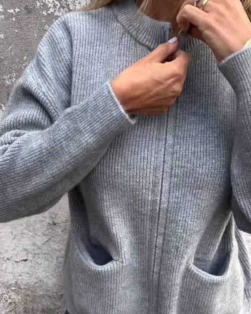 Women's Ribbed Knit Zip Up Cardigan Long Sleeve Pocket - Smart Casual