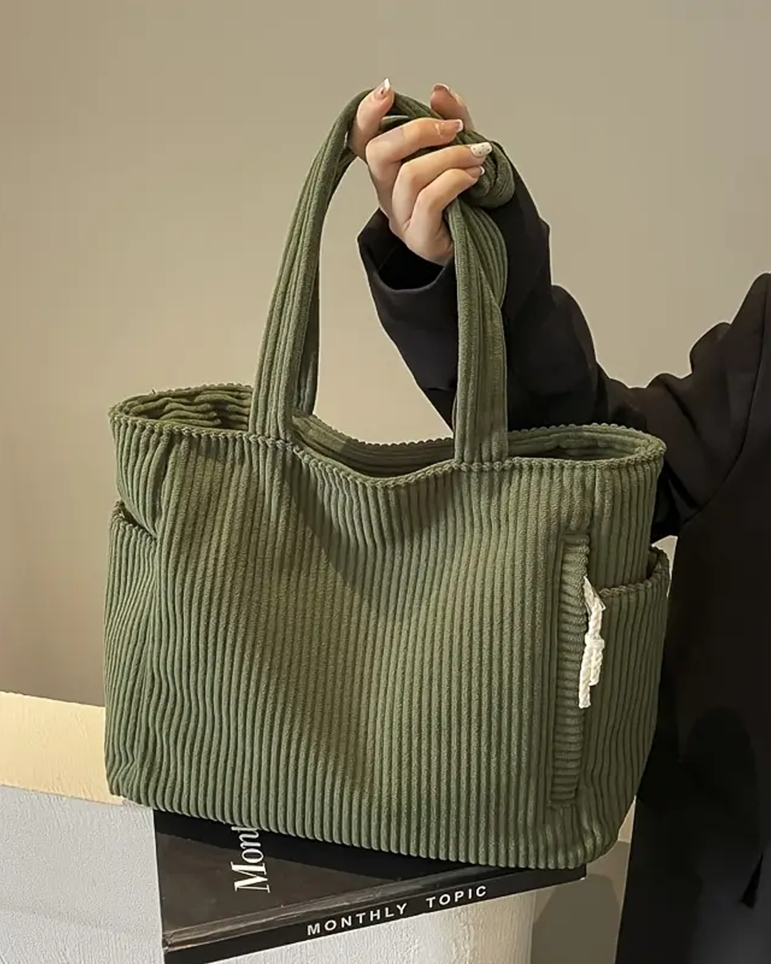 Women's Ribbed Tote Bag Shoulder Side Pocket Open Top – Everyday Use