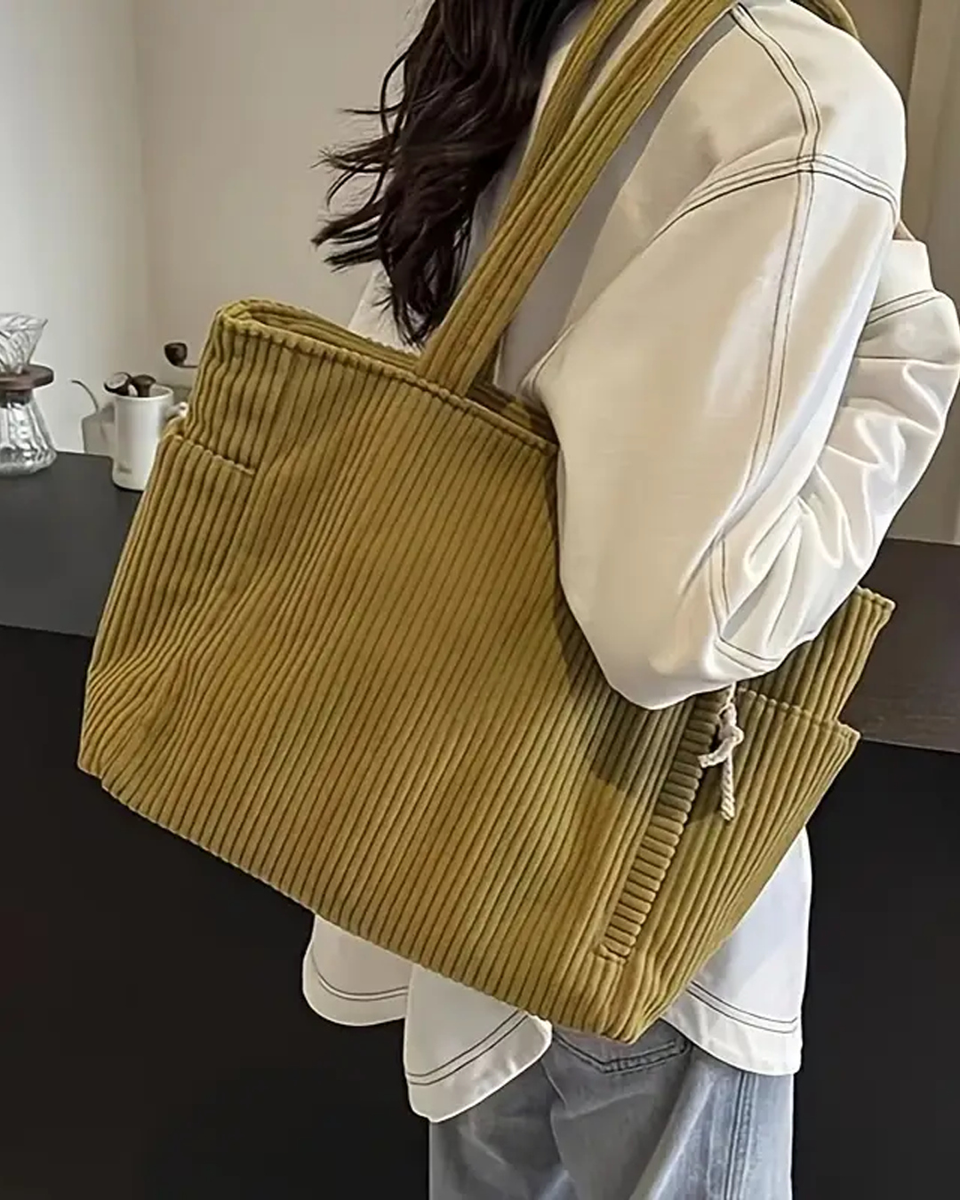 Women's Ribbed Tote Bag Shoulder Side Pocket Open Top – Everyday Use
