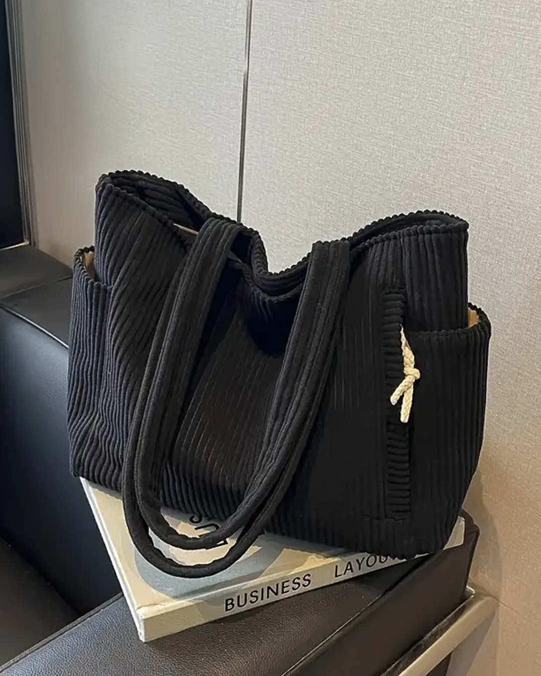 Women's Ribbed Tote Bag Shoulder Side Pocket Open Top – Everyday Use