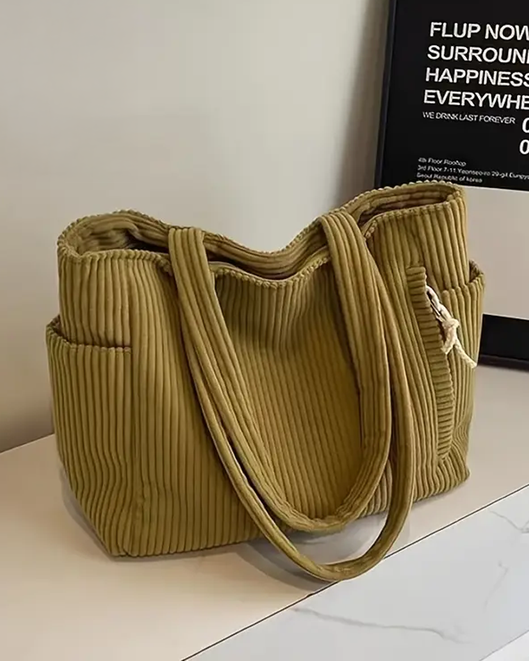 Women's Ribbed Tote Bag Shoulder Side Pocket Open Top – Everyday Use