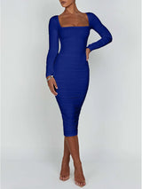 Women's Ruched Bodycon Midi Party Dress Square Neck Long Sleeve – Evening Reception