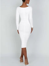 Women's Ruched Bodycon Midi Party Dress Square Neck Long Sleeve – Evening Reception