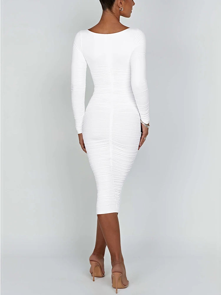 Women's Ruched Bodycon Midi Party Dress Square Neck Long Sleeve – Evening Reception