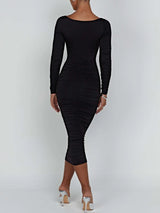 Women's Ruched Bodycon Midi Party Dress Square Neck Long Sleeve – Evening Reception