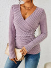 Women's Ruched Wrap Knit Top V Neck Long Sleeve Side Button – Date Nights