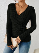 Women's Ruched Wrap Knit Top V Neck Long Sleeve Side Button – Date Nights