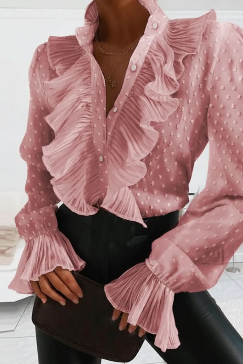 Women's Ruffle Front Blouse Pleated Collar Flared Cuffs – Business Reception