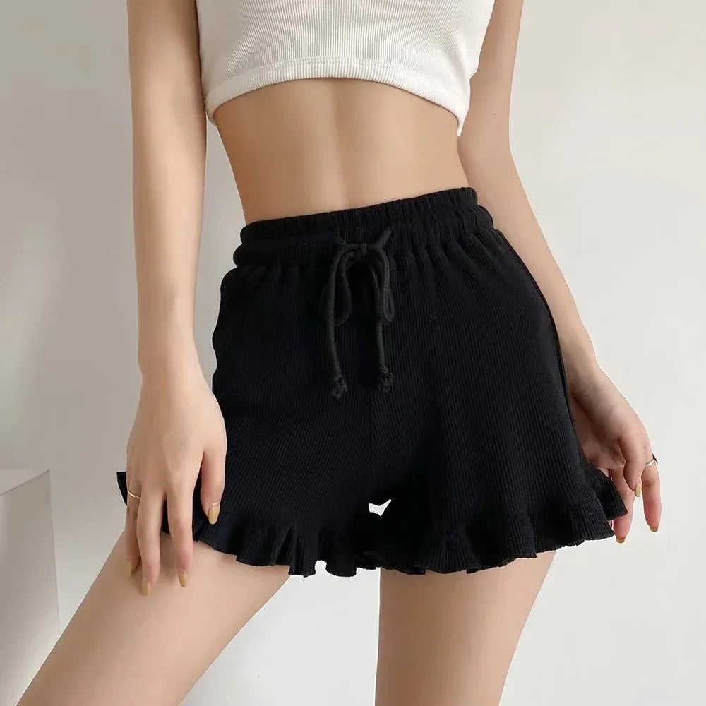 Women's Ruffle Shorts White Elastic Waist Hem Ruffle – Summer Essentials