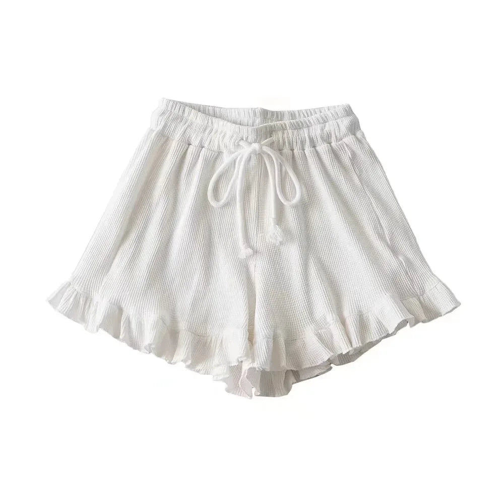 Women's Ruffle Shorts White Elastic Waist Hem Ruffle – Summer Essentials