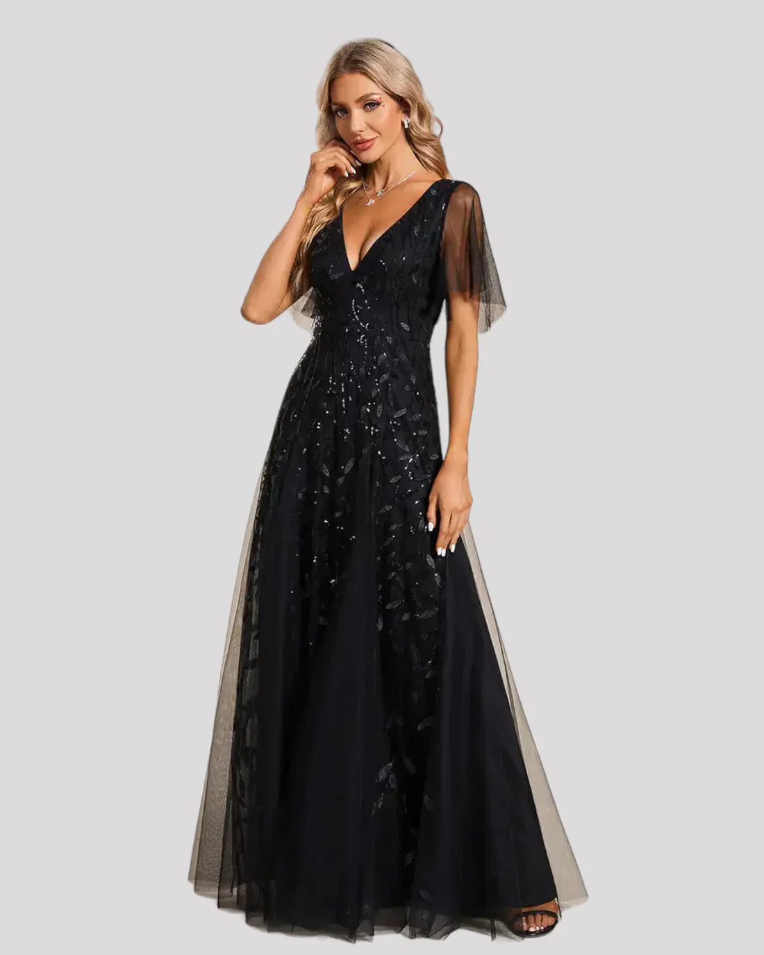 Women's Sequin Maxi Dress V Neck Flutter Sleeve – Wedding Guest Party