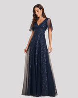 Women's Sequin Maxi Dress V Neck Flutter Sleeve – Wedding Guest Party