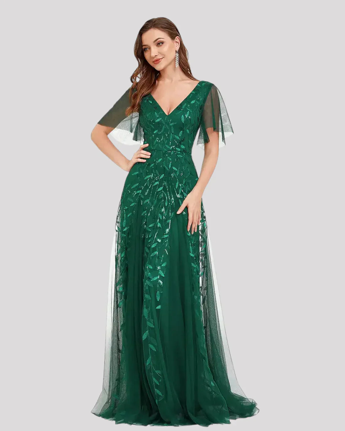 Women's Sequin Maxi Dress V Neck Flutter Sleeve – Wedding Guest Party