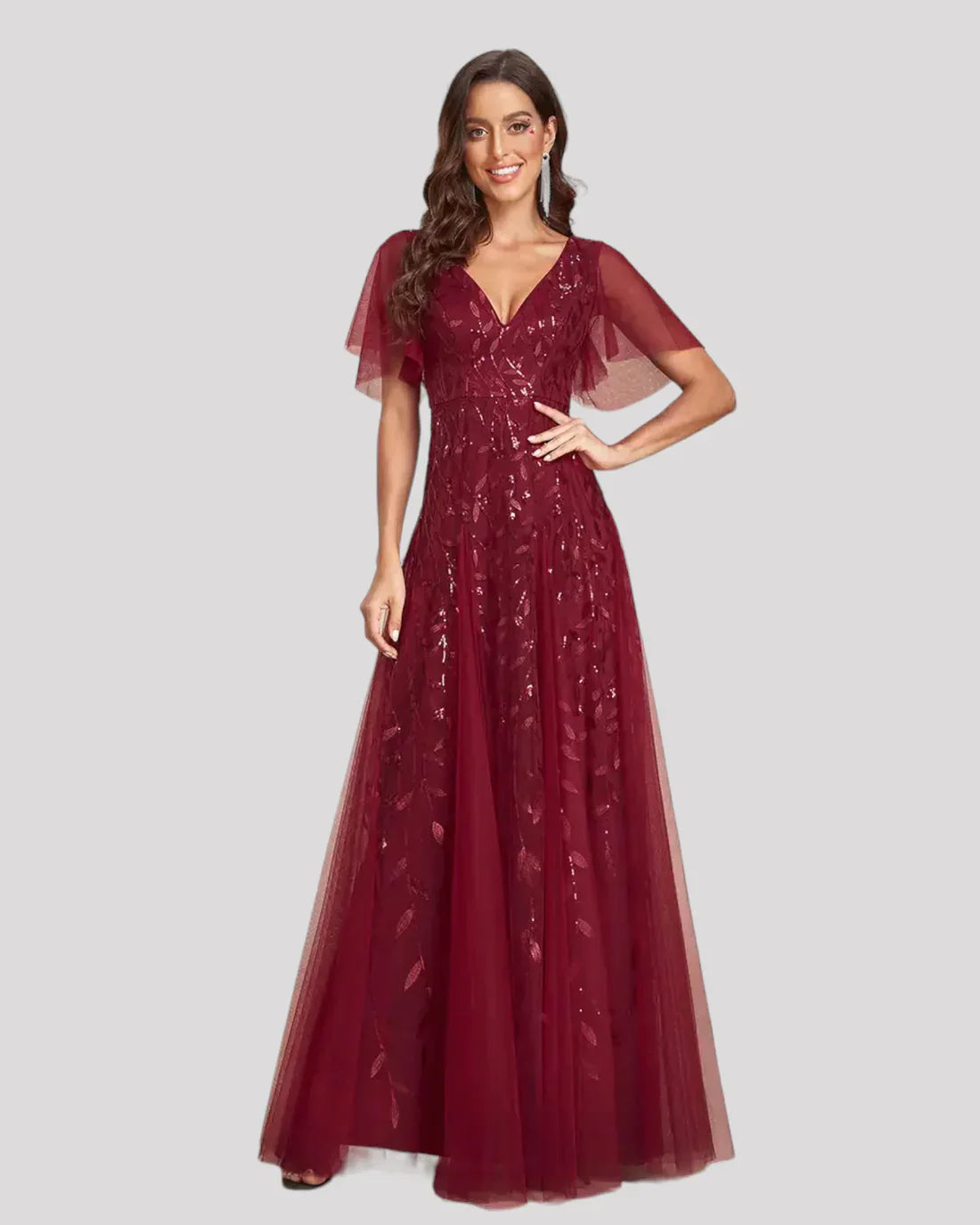 Women's Sequin Maxi Dress V Neck Flutter Sleeve – Wedding Guest Party