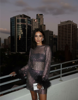 Women's Sequin Mini Dress Long Sleeve Feather Cuff – Cocktail Party