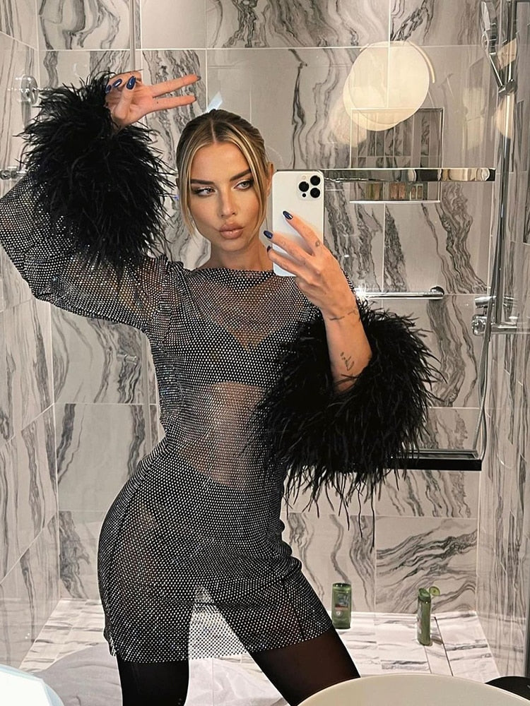 Women's Sequin Mini Dress Long Sleeve Feather Cuff – Cocktail Party