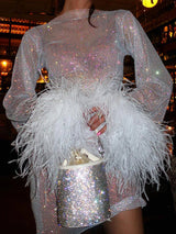Women's Sequin Mini Dress Long Sleeve Feather Cuff – Cocktail Party