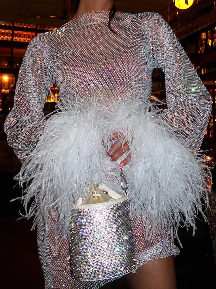 Women's Sequin Mini Dress Long Sleeve Feather Cuff – Cocktail Party