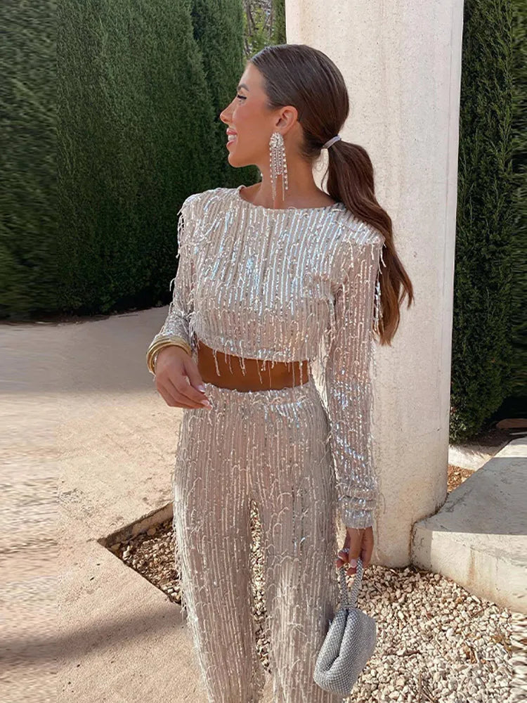 Women’s Sequin Set Round Neck Crop Top High Waist – Evening Receptions