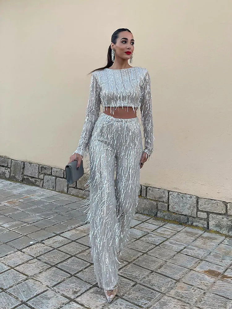 Women’s Sequin Set Round Neck Crop Top High Waist – Evening Receptions