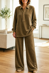 Women’s Set Collared Button Front Long Sleeve Top Wide-Leg Pants – Cozy Home Days