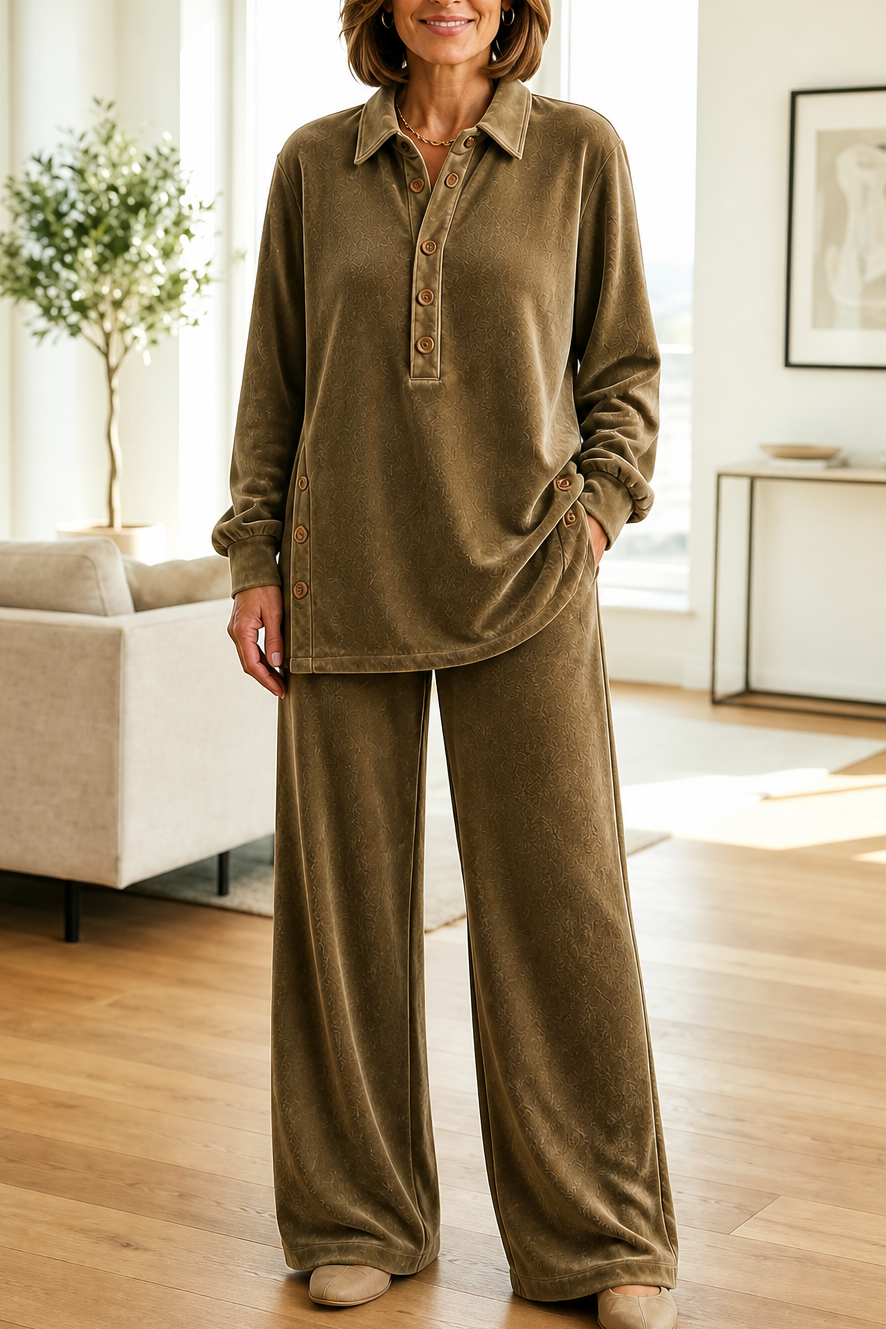 Women’s Set Collared Button Front Long Sleeve Top Wide-Leg Pants – Cozy Home Days