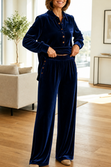 Women’s Set Collared Button Front Long Sleeve Top Wide-Leg Pants – Cozy Home Days