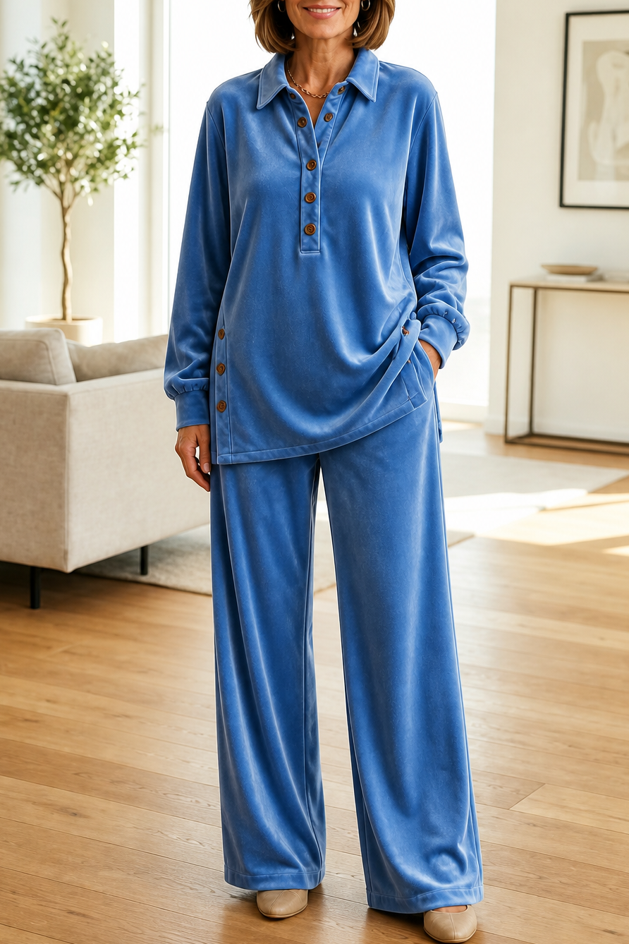 Women’s Set Collared Button Front Long Sleeve Top Wide-Leg Pants – Cozy Home Days