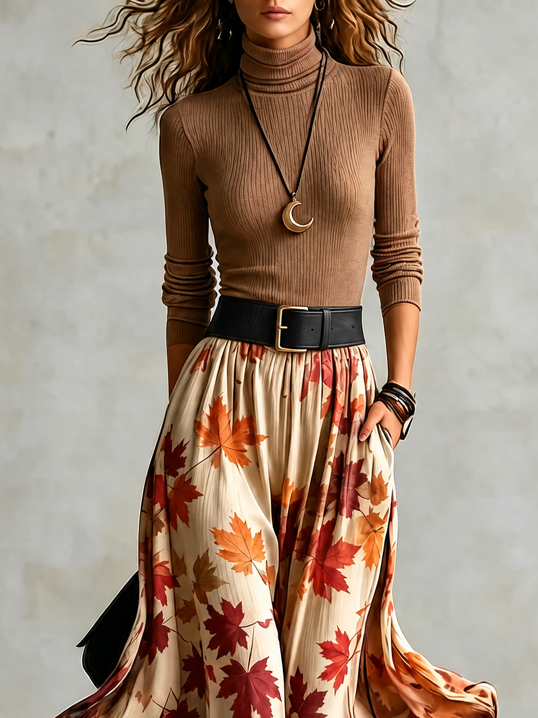 Women’s Set Ribbed Turtleneck Top Leaf Print Skirt Side Pockets – Gallery Visits