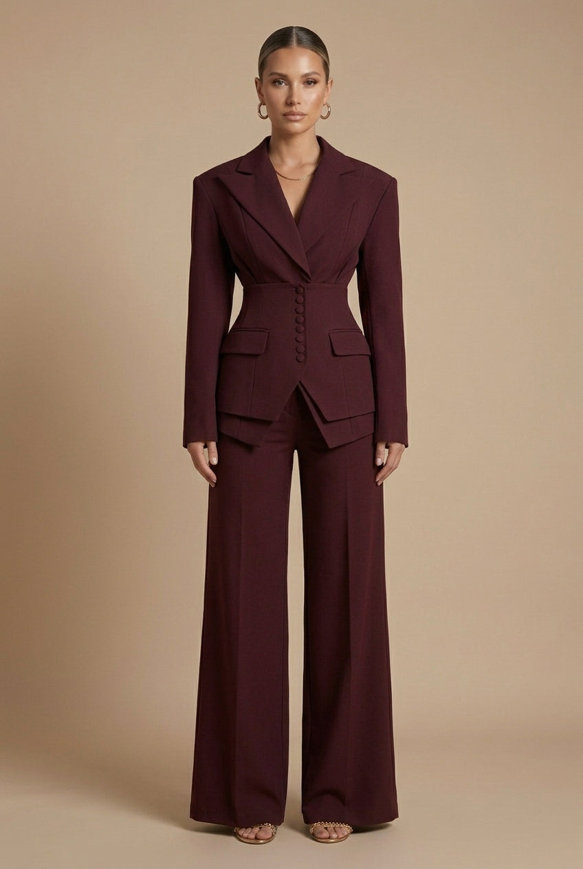 Women’s Set Suit Notched Collar Waist Button Detail – Evening Engagements