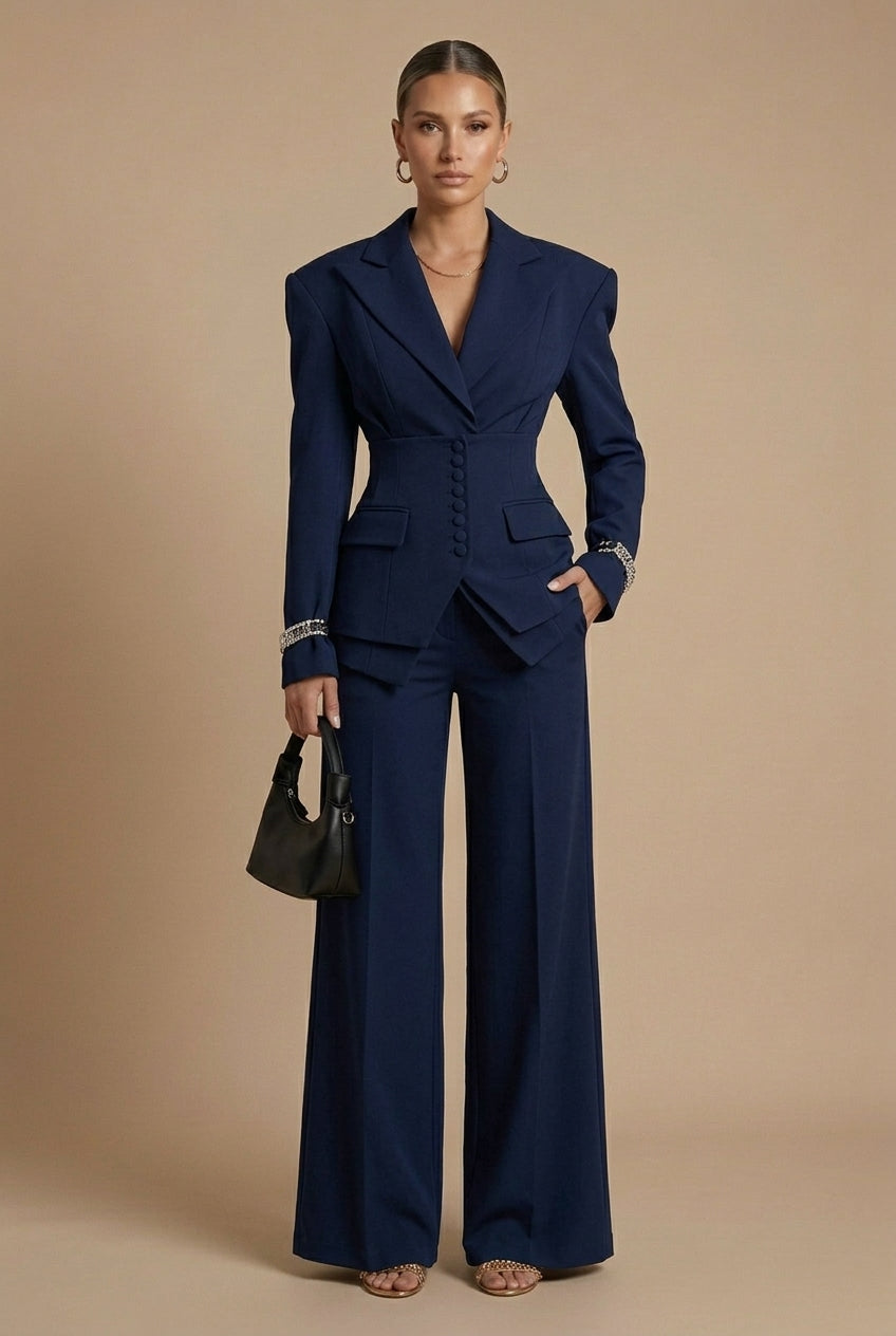 Women’s Set Suit Notched Collar Waist Button Detail – Evening Engagements