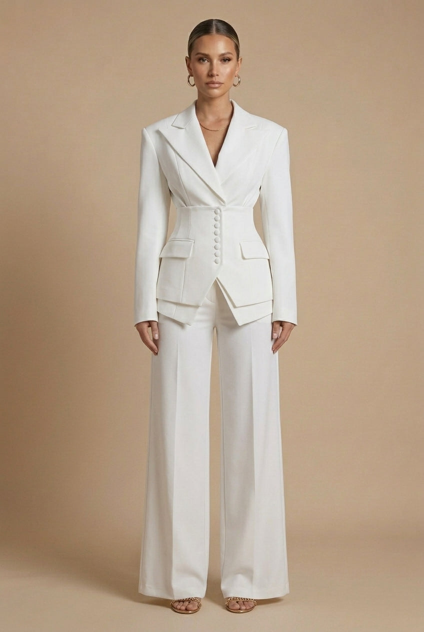 Women’s Set Suit Notched Collar Waist Button Detail – Evening Engagements